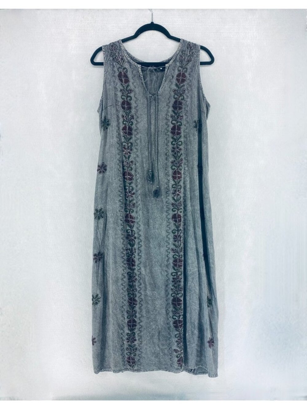 Vintage Cottagecore Dress Womens M Gray Floral Embroidered Maxi Boho Hippie y2k